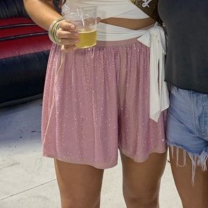 QUEEN OF SPARKLES Shimmering Pink High Waist Shorts